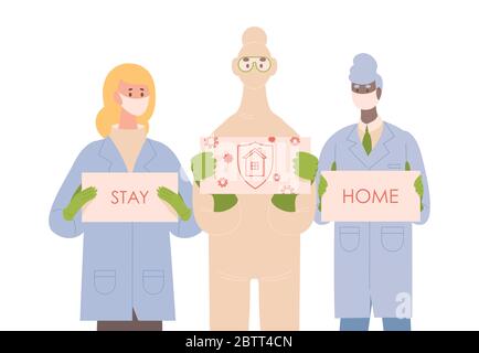 Ärzte in Uniform, Schutzanzüge und medizinische Masken halten Plakate mit Worten zu Hause bleiben Vektor flache Illustration. Ärzte und Krankenschwestern kämpfen gegen den weltweiten Ausbruch des Covid-19 Coronavirus-Konzepts. Stock Vektor