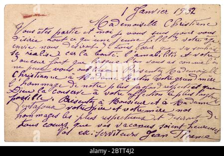 Postkarte mit unleserlicher Handschrift. Hintergrund des verwendeten Papiers Stockfoto