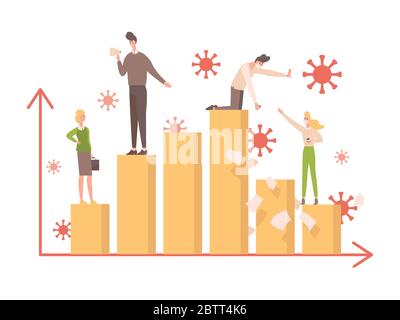 Balkendiagramm während Coronavirus mit Geschäftsleuten auf IT-Vektor flache Illustration. Covid-19 betrifft die ganze Welt, Indikatoren für kranke Geschäftsleute während der Wirtschaftskrise aufgrund des Ausbruchs von Covid-19. Stock Vektor