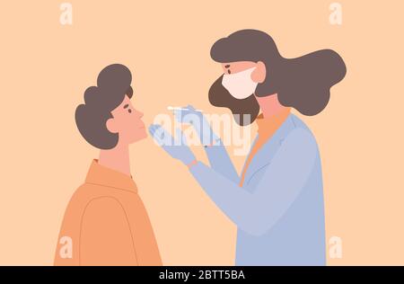 Arzt oder Krankenschwester in Uniform und Schutzmaske nehmen Abstrichtupfer von einem Patienten für Coronavirus Probe Vektor flach Illustration. Mediziner testet jungen Mann. Ärzte untersuchen Proben des neuen Coronavirus. Stock Vektor