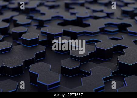 3D-Rendering von sechseckigen Mesh, dünnen blauen Kanten Stockfoto