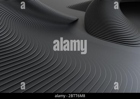 3D-Rendering von schwarzen abstrakten gekrümmten Linien auf schwarzem Hintergrund Stockfoto