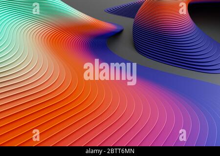 3D-Rendering von farbigen abstrakten gekrümmten Linien auf schwarzer matter Oberfläche Stockfoto