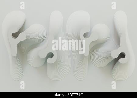 3D-Rendering von weißen abstrakten gekrümmten Linien auf weißem Hintergrund Stockfoto