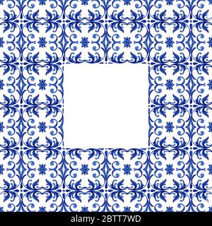 Portugiesischer Azulejos Fliesenrahmen. Traditionelle portugiesische Mosaikfliesen Dekoration. Aquarell blauer Rand. Antike Keramik kachelbar, Erbe. Alte bemalte Platte mit Blumenmuster Stockfoto