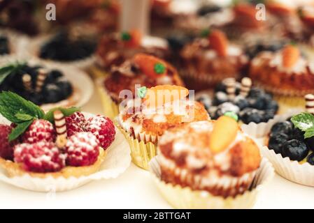 Köstliche Mini-Kuchen in Büfetts. Verschiedene Cupcake Desserts auf der Party. Feier, Party, Geburtstag oder Hochzeit Konzept. Stockfoto