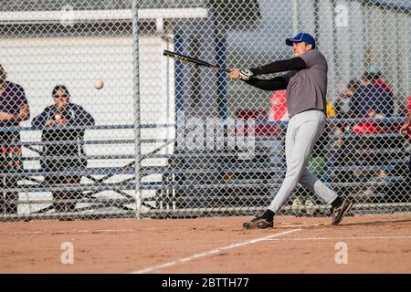 Spielen in einem gemischten Slo-Pitch Softball-Spiel, männliche Batting und schlagen Ball. Stockfoto