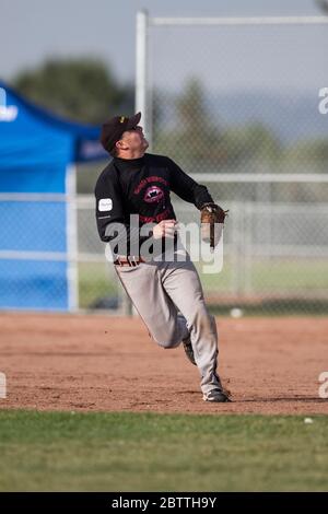 Spielen in einem gemischten Slo-Pitch Softball-Spiel, männlich macht einen Boden Ball fangen. Stockfoto