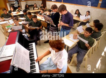 MUSIKKURS JUNIOR SCHOOL NOTENBLATT MUSIK SPIELEN LESEN SCHULE LEHRER GRUPPE Schule Junior Klasse 8-11 Jahre Schüler Schüler lesen Musik und singen mit dem Lehrer Klavier. Zwei Schüler lesen Musik und spielen Windinstrumente Klarinette und Flöte im Musikunterricht Stockfoto