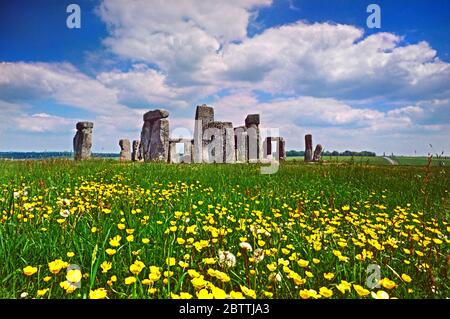 Stonehenge ein prähistorisches Denkmal in Wiltshire, England mit reichlich Frühlingsblumen im Vordergrund.Stonehenge ist eines der berühmtesten Wahrzeichen des Vereinigten Königreichs und gilt als eine britische Kulturikone. Auf der UNESCO-Liste des Weltkulturerbes Stockfoto