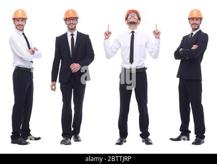 Panorama Foto Collage von qualifizierten Architekten isoliert auf weißem Stockfoto