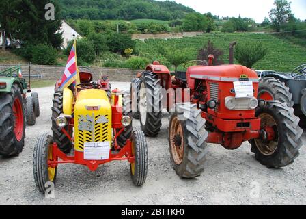 Alte Traktoren bei einer Ausstellung in Langhe, Piemont - Italien Stockfoto