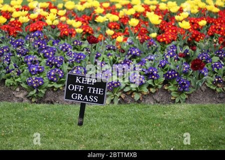 Halten Sie das Gras Zeichen - Nahaufnahme mit Blumen im Hintergrund Stockfoto