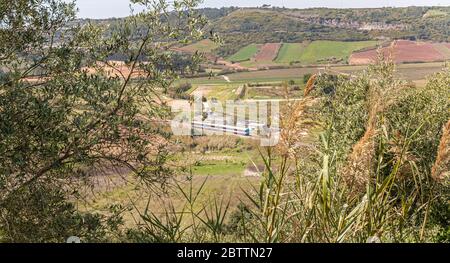 An einem Frühlingstag fährt ein öffentlicher Zug durch die portugiesische Landschaft Stockfoto