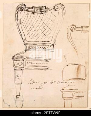 Stühle. Forschung im ProgressLinks ist ein Stuhl, von vorne gesehen, der Rahmen eines Sitzes und das Bein rechts wird nun gezogen. Der Rücken hat einen Rahmen in Form einer Leier; die Platte mit Spalier-ähnlichen Strohflechten. Stockfoto