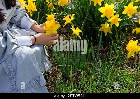 Junge Frau kniet im Narzissengarten Stockfoto