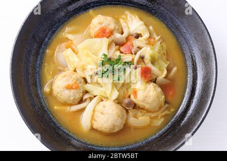 Fleischkugel mit Gemüsesuppe in einer Schüssel auf weißem Hintergrund Stockfoto