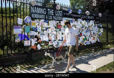 Peking, USA. Mai 2020. Ein Mann mit Gesichtsmaske geht vor dem Green-Wood Cemetery in Brooklyn, New York, am 27. Mai 2020, an einem Denkmal für COVID-19-Opfer vorbei. Kredit: Michael Nagle/Xinhua/Alamy Live News Stockfoto