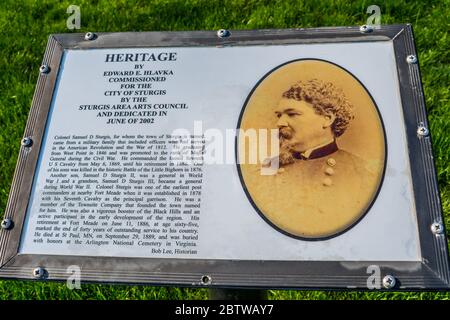 Sturgis, SD, USA - 29. Mai 2019: Die Heritage Signage Post Stockfoto