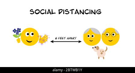 Emoji Besuch älterer Verwandten, Eltern, Großeltern, alte Menschen halten 6 Fuß auseinander, soziale Distanzierung Coronavirus, covid 19 Illustration Stockfoto