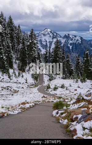 Ein leichter schneebedeckter Boden am Mt. Rainier Nationalpark mit der Tatoosh Bergkette im Hintergrund Stockfoto