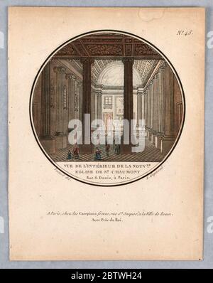 Kirche von Saint Chaumont Platte 48 von Vues Pittoresques des Princepaux difices de Paris. Forschung in ProgressInnenansicht einer kleinen Kirche mit ionischen Säulen. Ein paar Figuren im Vordergrund. Titel, Künstler und Herausgeber Namen unten. Stockfoto
