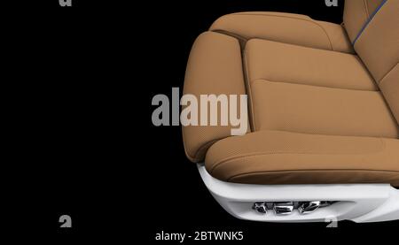 Braunes Lederinterieur des modernen Luxuswagens. Perforierte braune Ledersitze mit isolierten Nähten auf schwarzem Hintergrund. Modernes Auto in Stockfoto