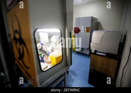 Bandung, West Java, Indonesien. Mai 2020. Ein Mediziner, der einen Schutzanzug trägt, untersuchte die Probenergebnisse der Untersuchung mit Polymerase Chain Reaction (PCR) Methode im Biosafety Level II Laboratory (BSL-2) in Bandung, West Java, Indonesien. Derzeit plant die indonesische Regierung, 72 Labore in Indonesien neu zu betonen. Dies wurde auch als Versuch, das Ziel von 10,000 Test PCR pro Tag in Indonesien zu erreichen getan. Quelle: Agvi Firdaus/ZUMA Wire/Alamy Live News Stockfoto