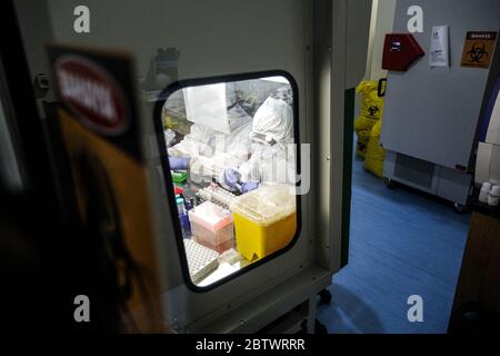 Bandung, West Java, Indonesien. Mai 2020. Ein Mediziner, der einen Schutzanzug trägt, untersuchte die Probenergebnisse der Untersuchung mit Polymerase Chain Reaction (PCR) Methode im Biosafety Level II Laboratory (BSL-2) in Bandung, West Java, Indonesien. Derzeit plant die indonesische Regierung, 72 Labore in Indonesien neu zu betonen. Dies wurde auch als Versuch, das Ziel von 10,000 Test PCR pro Tag in Indonesien zu erreichen getan. Quelle: Agvi Firdaus/ZUMA Wire/Alamy Live News Stockfoto