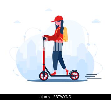 Online Delivery Service Konzept zu Hause und im Büro. Roller mit schnellen Frau Kurier. Versand Restaurant Lebensmittel und Post. Moderne Vektordarstellung in Stock Vektor