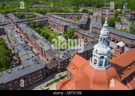 Luftaufnahme von Nikiszowiec, dem historischen Viertel in Katowice, Oberschlesien, Polen. Stockfoto