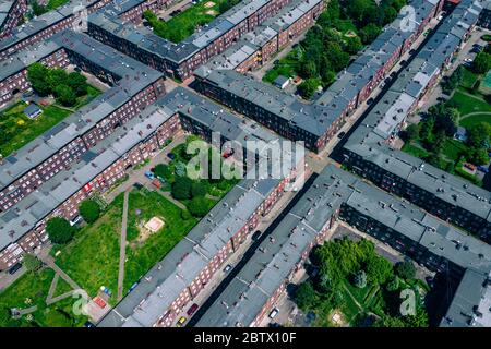 Luftaufnahme von Nikiszowiec, dem historischen Viertel in Katowice, Oberschlesien, Polen. Stockfoto