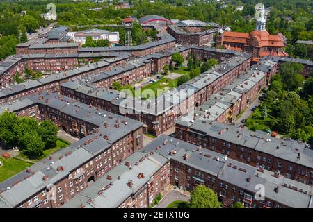 Luftaufnahme von Nikiszowiec, dem historischen Viertel in Katowice, Oberschlesien, Polen. Stockfoto