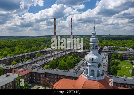 Luftaufnahme von Nikiszowiec, dem historischen Viertel in Katowice, Oberschlesien, Polen. Stockfoto