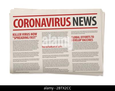 Mockup von Coronavirus Zeitung, Nachrichten bezogen auf die COVID-19 mit der Überschrift in Papiermedien Presse Produktionskonzept isoliert weißen Hintergrund Stockfoto