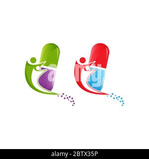 Pille mit Menschen Silhouette Symbol, Krankenhaus Apotheke, erste Hilfe, krank, Wissenschaft, diätetische, medizinische. Flat Stil Trend Logotyp Marke Design Vektor illus Stock Vektor