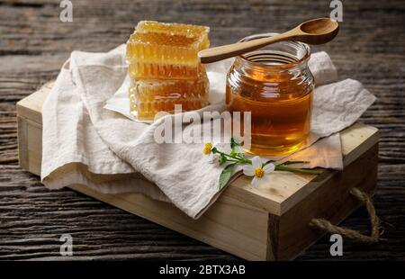 Honigbiene im Glas und Wabe mit Honigdipper und Blume auf Holztisch, Bienenprodukte nach Bio-Naturinhaltskonzept Stockfoto