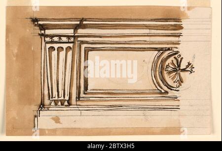 Entwurf für eine Altar-Mensa. Forschung in ProgresseDie linke Hälfte. Die Säule links ist mit einer Triglyphe verziert. In der Mitte der Vorderseite befindet sich ein Kreuz im Kreis. Farbiger Hintergrund. Stockfoto