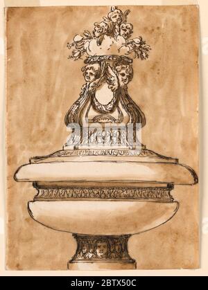 Entwurf für eine Taufschrift. Forschung in ProgresseUnten ist ein Sockel und ein kurzer Schaft, mit einer Reihe von Cherubim. Der untere Teil und der Rand der Schüssel sind durch Formteile mit einem kürzeren Durchmesser getrennt. Stockfoto