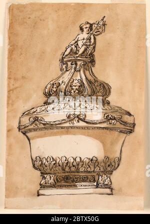 Entwurf für eine Taufschrift. Forschung in ProgresseDie Schale hat unter einem Blatt Kelch und über einem hervorstehenden Band mit Festons durch Bogenknoten unterstützt. Stockfoto