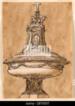 Entwurf für eine Taufschrift. Forschung in ProgressAchteckige Basis, Welle mit einem Cherub an der Vorderseite. Die Schale hat unter einem Blattkalix, darüber einen Fries mit von Bogenknoten unterstützten Festonen. Der Schaft des Deckels hat die Form eines achteckigen Sockels, jede Seite hat einen kreisförmigen Giebel. Stockfoto