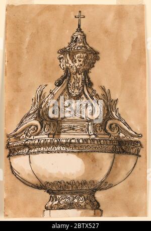 Design für Taufschrift. Forschung in ProgresseDie Schüssel ist eine Variation von dem in -1405. Der Deckel hat die Form eines Stützens, mit einem breiteren Durchmesser unterhalb als oben, wo eine Reihe von vier (drei sind sichtbar) Cherubim unterstützt eine Art Basis mit einem Kreuz auf der Oberseite. Stockfoto