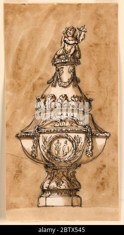 Entwurf für eine Taufschrift. Forschung in ProgressUnterstützt von einem Schaft mit einer Reihe von Blättern auf einer achteckigen Basis von fast dem gleichen Durchmesser. Quatrefoil-Schale, die Vorderseite mit einem zentralen Medaillon verziert, über zwei gekreuzten Ästen. Stockfoto