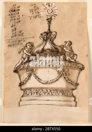 Entwurf für eine Taufschrift. Forschung in ProgressNachfolgend sind zwei Plinthen und ein Formteil mit Blättern. Die runde Schale ist mit Girlanden verziert, die von Bogenknoten getragen werden, und der Rand mit Blättern. Stockfoto