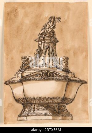 Entwurf für eine Taufschrift. Forschung in ProgressEine Variation von -1416. Der Hauptunterschied ist die niedrige Basis auf dem Deckel. Oben sitzt Johannes der Täufer, als Junge, mit dem Kreuzstab. Üblicher Hintergrund. Stockfoto