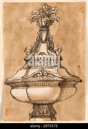 Entwurf für eine Taufschrift. Forschung in ProgressDer Schaft ist ähnlich zu -1411, die Schüssel zu -1406. Der Deckel hat unter einer Basis mit zwei Zonen, die untere ist undekoriert, außer mit einem gebrochenen Giebel an der Vorderseite. Stockfoto