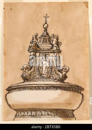 Design für Taufschrift. Forschung in ProgresseDie Schale wird durch eine geformte Basis unterstützt. Der Deckel hat die Form eines Sockels, der an der Vorderseite mit einem ovalen Medaillon mit der Darstellung der Taufe Christi geschmückt ist, das an einem Bogenknoten im Fries der Entablatur hängt. Stockfoto