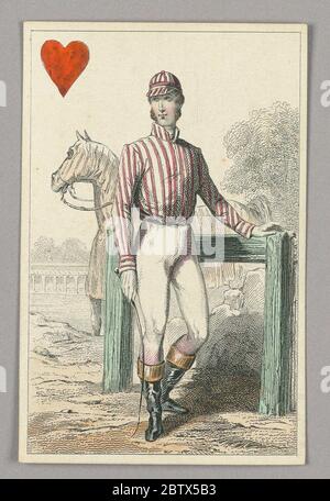 Englischer Jockey Jack of Hearts aus dem Set von Jeu ImperialSecond EmpireNapoleon III Spielkarten. Forschung in ProgressEnglish Jockey, Jack of Hearts aus dem Set der Spielkarten 'Jeu Imperial–Second Empire–Napoleon III'. Stockfoto