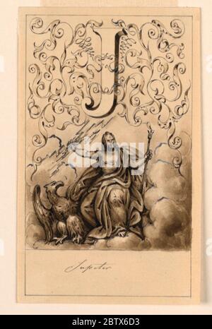 Entwurf für den Buchstaben J eines Bildalphabet Jupiter. Forschung in ProgressBrief oben, flankiert von ineinander verschlungener Rinceau. Jupiter wird auf Wolken sitzend gesehen, die einen Blitz und einen Keil halten; der Adler ist neben ihm. Stockfoto