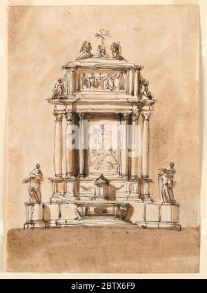 Entwurf des Hauptaltars. Forschung im ProgressDer untere Teil ist eine Variation von -1369, die runden Sockel haben einen kleineren Durchmesser, die Verbindungswände sind länger. Statuen stehen auf den Sockeln. In der Mitte des Retabellen ist ein Bild eines Aufstiegs. Stockfoto
